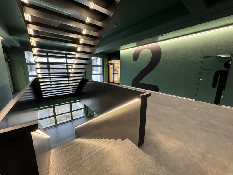 The image shows a modern staircase with a sleek, minimalist design. The stairs are made of concrete or a similar material, with black metal railings and beams that create a striking visual contrast. The walls are painted in a deep green color, and the lig