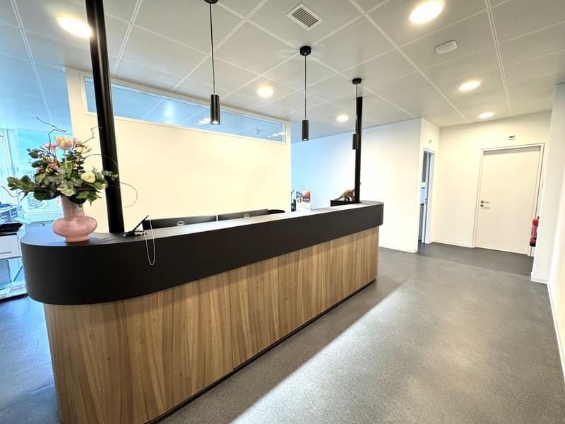 The image shows a modern office reception area. The space features a large wooden and black reception desk, with a vase of flowers on top. The ceiling has recessed lighting fixtures, and the walls are painted a light color. The floor appears to be a light