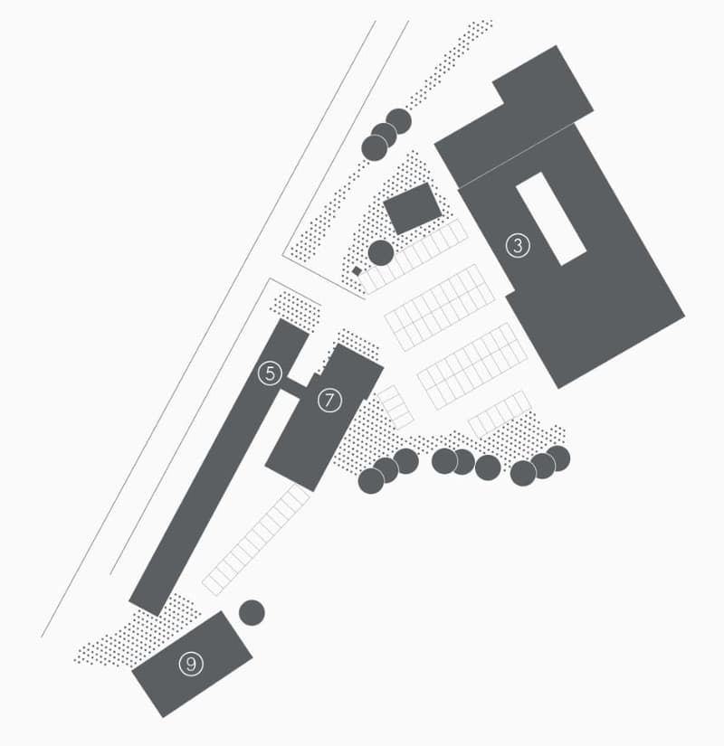 Ground floor plan, balconies, views, parking lots, walkways, multiple structures