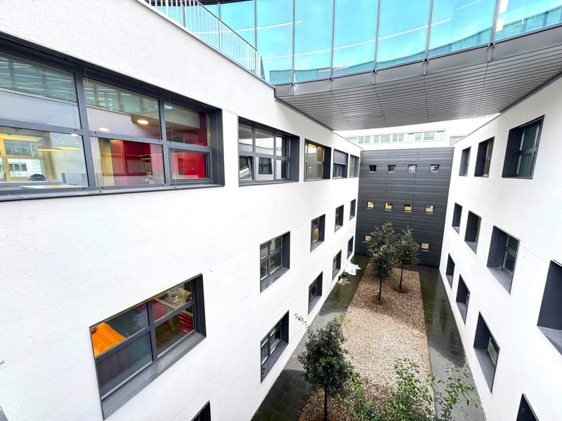 White exterior building, large windows, balcony on second floor, internal courtyard, small trees, tiled flooring