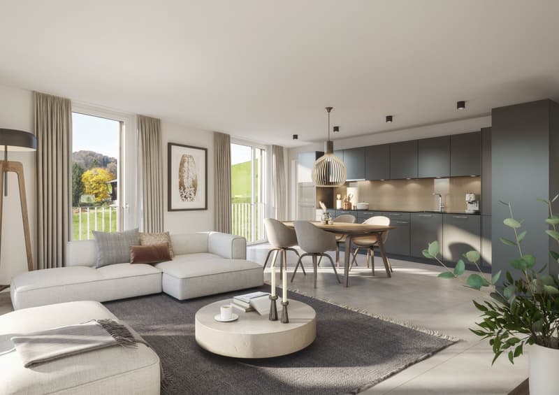 white sectional sofa, dining table and chairs, coffee table, carpet, large windows, wooden flooring, decorative items, pendant light, modern kitchen, balcony
