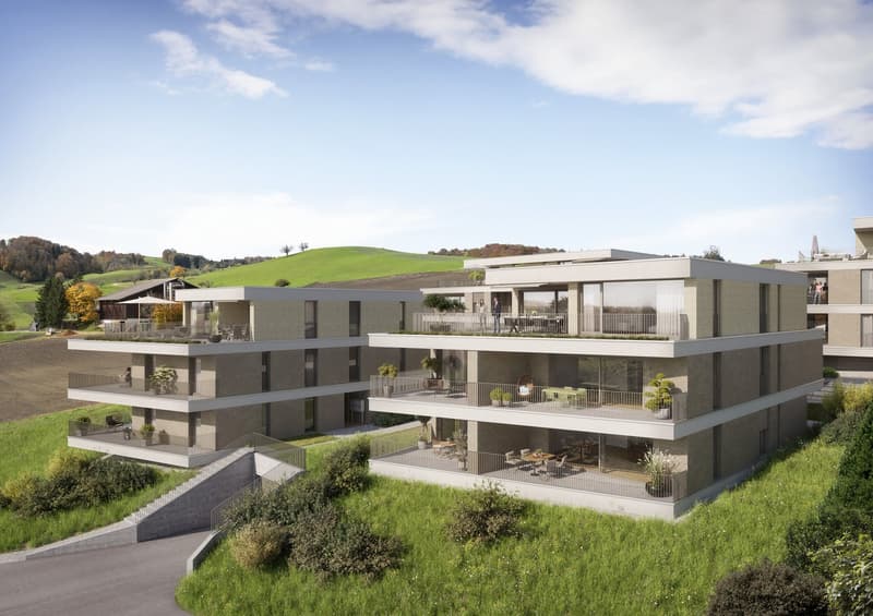 modern apartment building, multiple floors, glass walls, several balconies