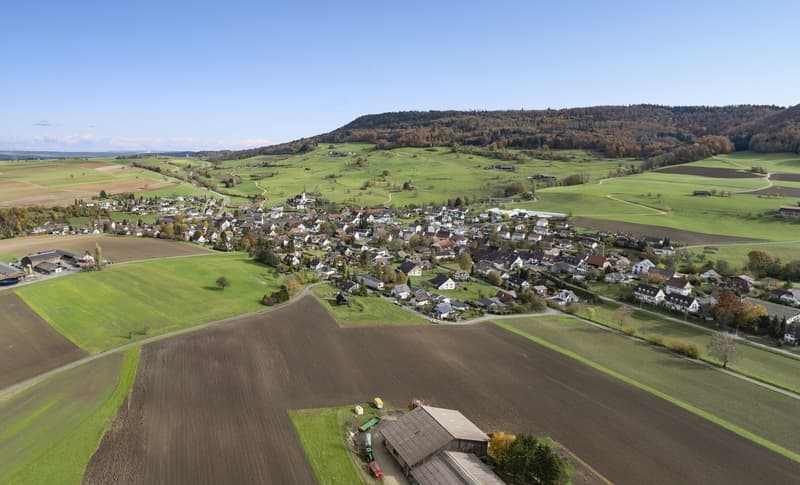 Aerial view of a village surrounded by green fields and a hill, buildings in the middle