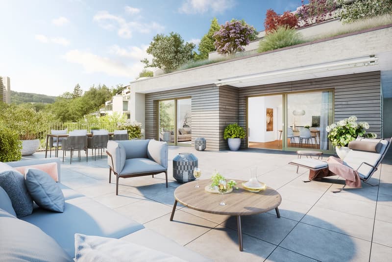modern building with a garden, balcony, wooden flooring, plants, table, chairs