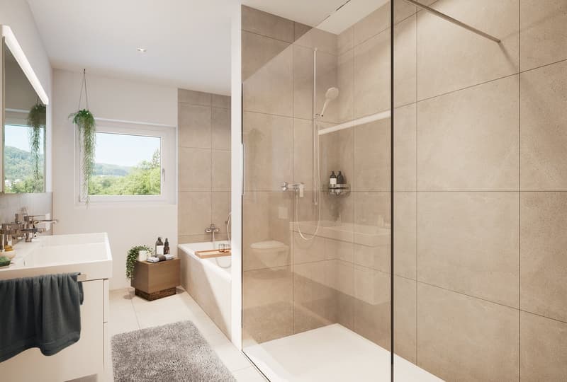 modern bathroom, beige tiles, white sink, walk-in shower, bathtub, natural light from a window