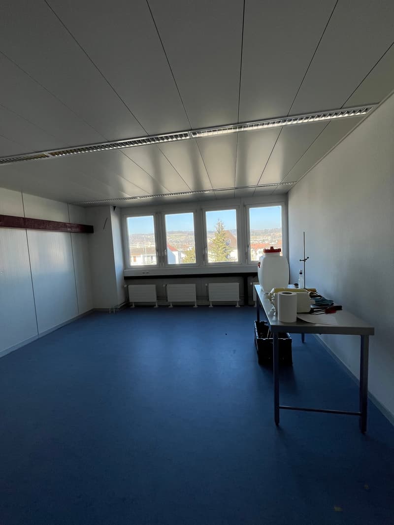 Empty room with blue floor, white walls, windows, radiators, ceiling lights, table with items, shelves