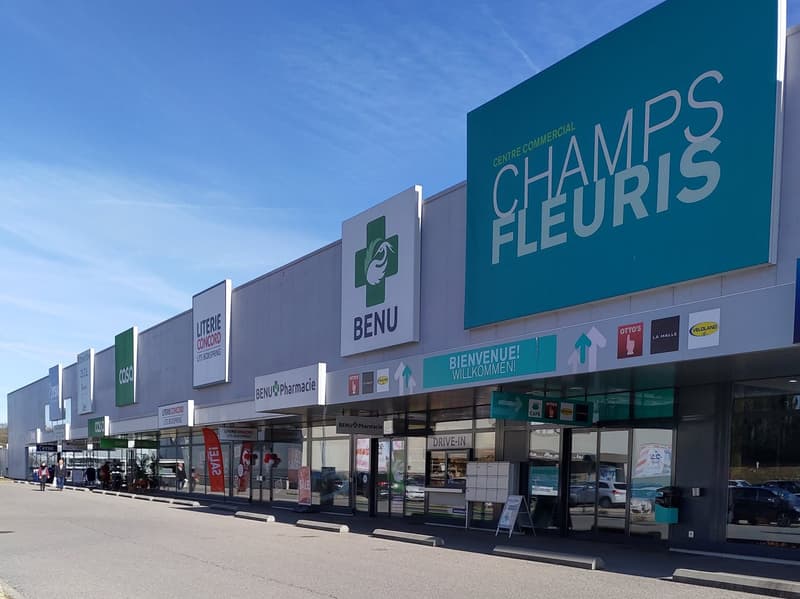 Large shopping center with several stores visible, 'Benu' pharmacy, 'Champs Fleuris' signage, glass storefronts, outdoor parking area, people walking outside