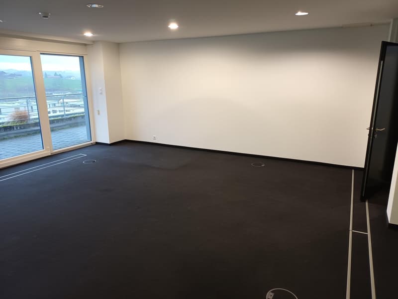 empty room, white walls, black floor, sliding glass doors, balcony, view of the outside