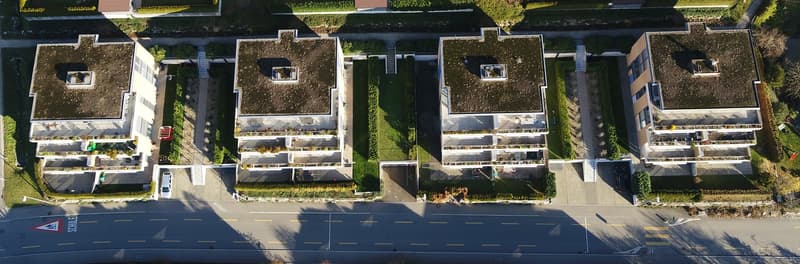 Multiple residential buildings, flat roofs, driveways, landscaped gardens
