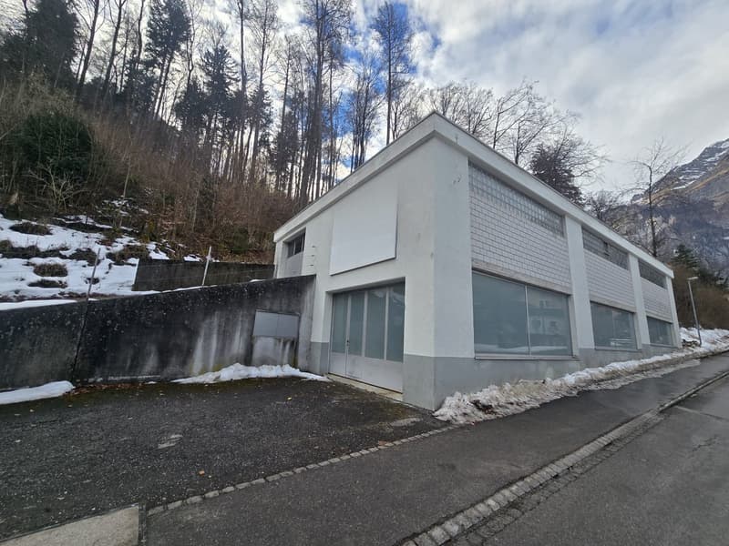 Modern building, white exterior, grey brick walls, glass windows, garage entrance, concrete walkway