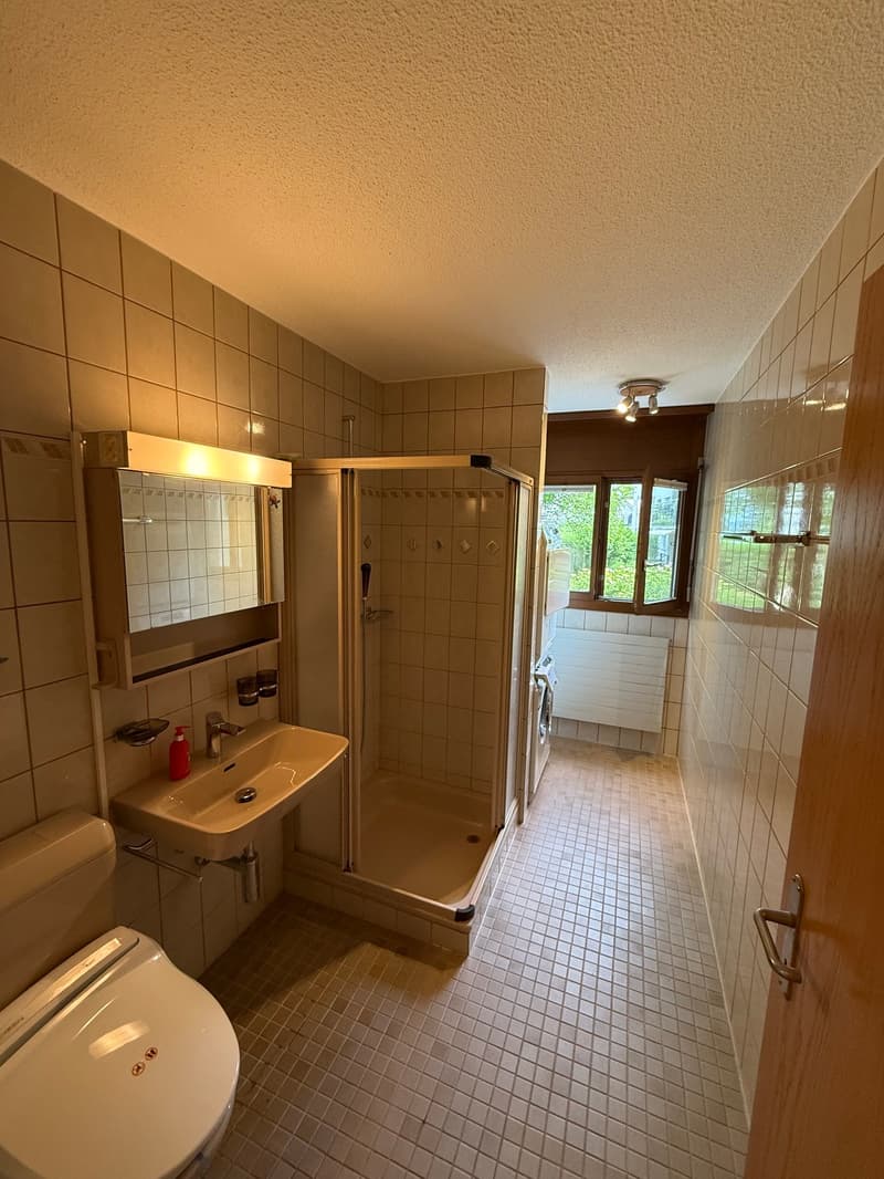 Badezimmer mit Waschturm und Dusche