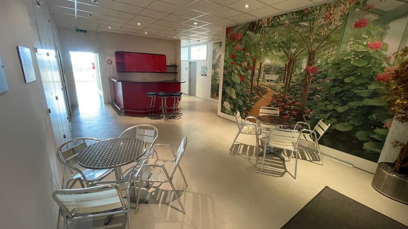 The cafeteria has white walls, light wooden flooring, a red kitchen with a bar counter, and 4 bar stools. There is a large mural with a painting of flowers and a garden. There are round tables and white chairs around the cafeteria.