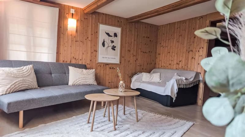 Cozy living room with wooden paneled walls, a gray sofa, decorative pillows, a coffee table, and a framed artwork on the wall. The room also features a fireplace and a plant.