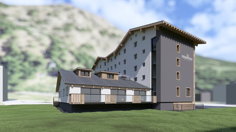 3 story building, grey walls, white windows, glass doors, large terrace, balcony