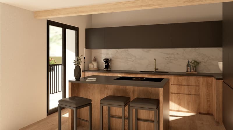 Open kitchen, granite countertop, black induction stove, modern cabinets, balcony