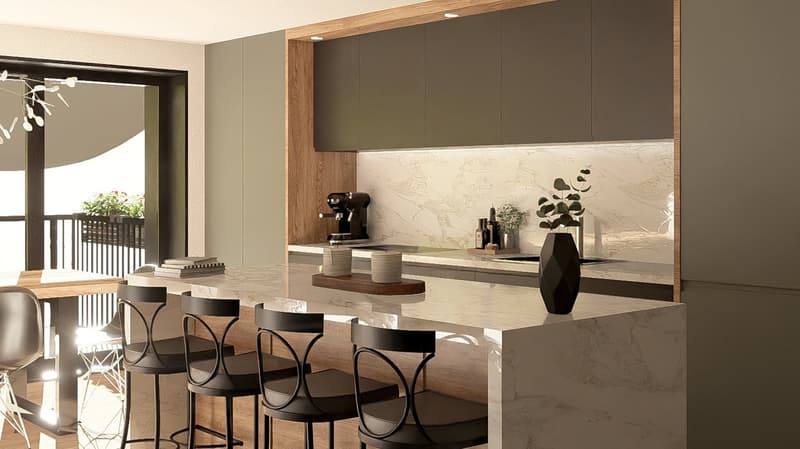 Modern kitchen with black chairs, white countertops, built-in appliances, large window with view