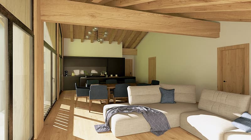 large living room with sofa, dining room, wooden beams, terrace, open kitchen