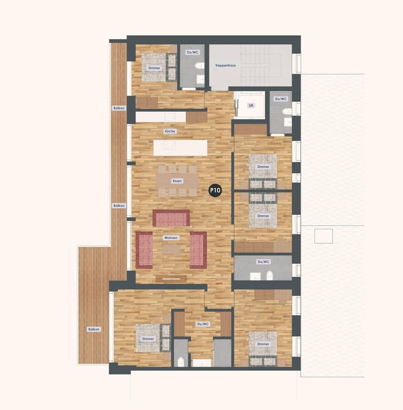 5 rooms, 3 bathrooms, 2 balconies, kitchen, dining area, living room, laundry room