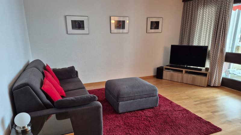 Living room with sofa, ottoman, TV, carpet, and picture frames on the wall