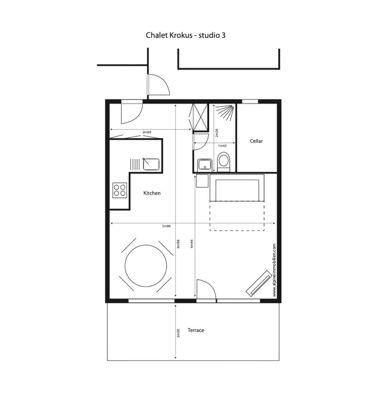 Studio layout with kitchen, bathroom, and terrace