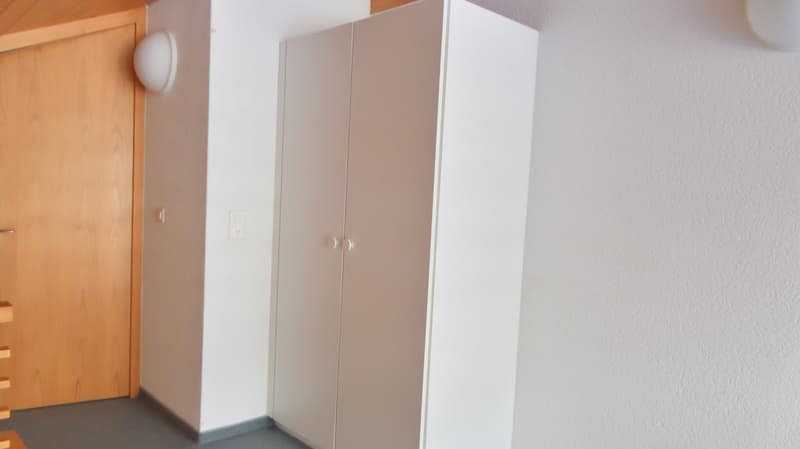 white wardrobe, wooden door, white wall, white ceiling, white light fixture