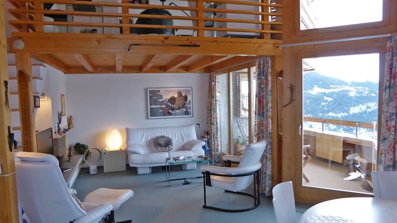 white leather sofa, glass coffee table, white armchairs, wooden balcony, large windows, balcony railings, wooden ceiling