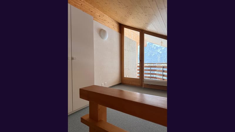 wooden ceiling, white walls, balcony, sliding glass doors, wooden railing, carpeted floor
