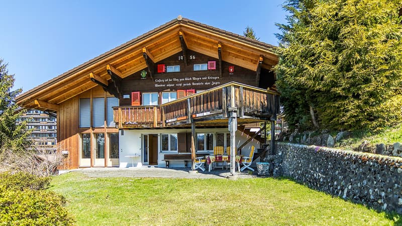 wooden chalet, wooden balcony, wooden terrace, garden, stone wall, bench, table, chairs