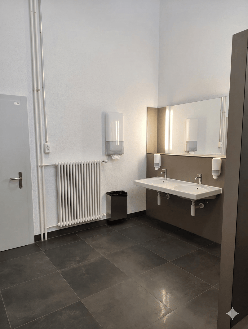 Bathroom with white walls, tiled floor, two sinks, mirror, radiator, trash bin, and soap dispensers