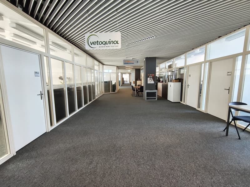 Empty office space with glass walls, carpeted floor, white doors, and a sign for Vetoquinol.
