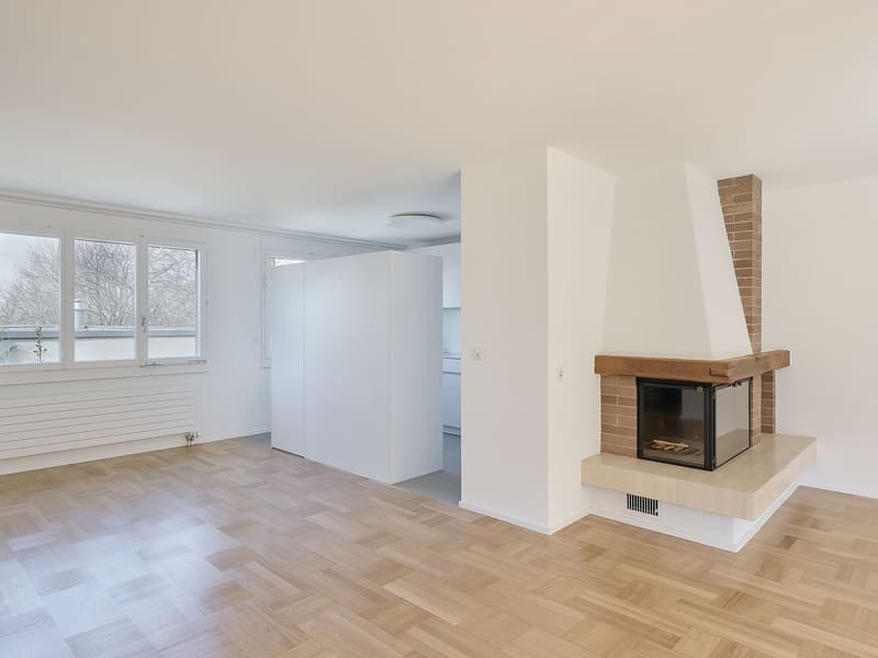 empty room, fireplace, double doors, windows, radiator, wooden floor