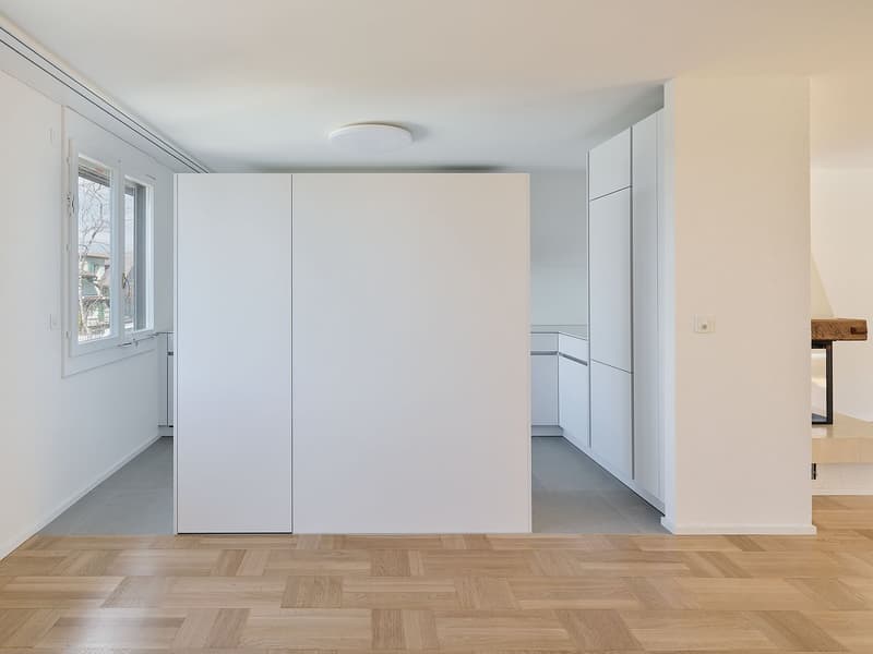 Empty room, white walls, white sliding door, wooden flooring, circular light in ceiling