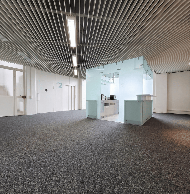 Empty room with gray carpet, glass partition, kitchen area with appliances, white walls, ceiling with lights
