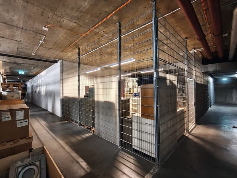 underground parking area with metal cages, boxes, and storage units