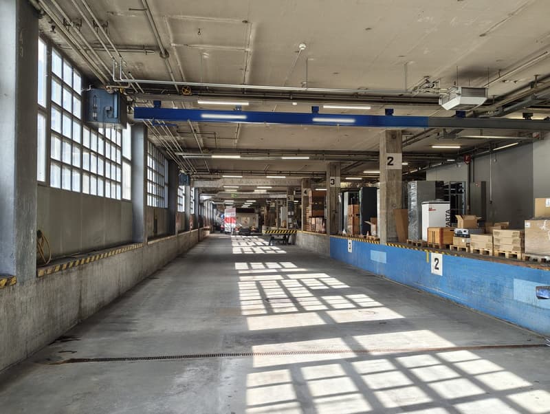 large warehouse with high ceilings, concrete walls, large windows, metal beams, storage boxes, vehicles