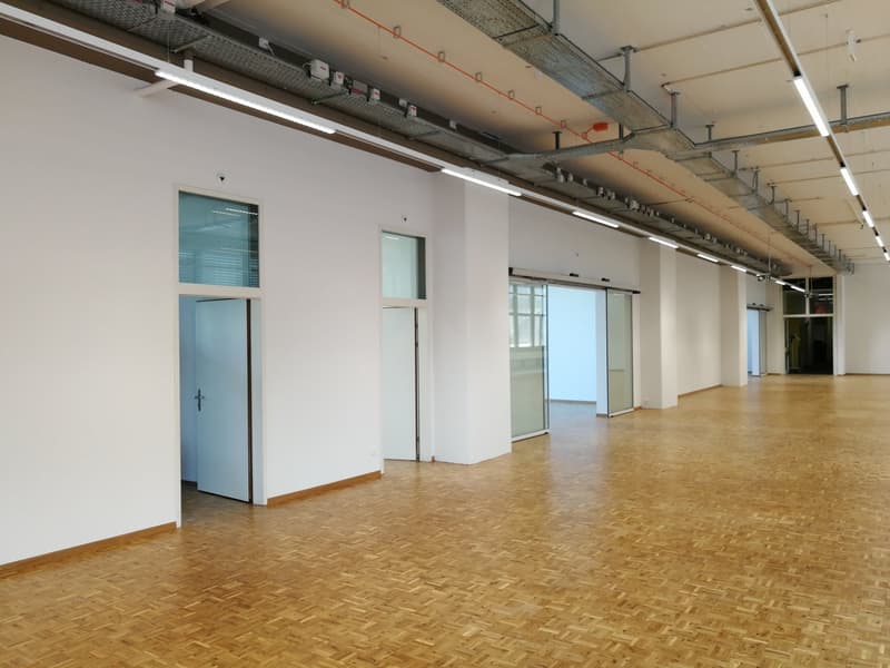 Empty room with wooden floor, white walls, glass doors, and ceiling lights