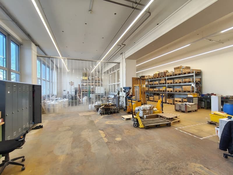 large open space, high ceiling, fluorescent lighting, glass wall, shelves with boxes, forklift, pallet, barrels, storage boxes
