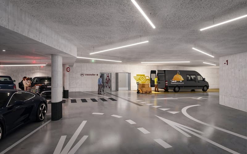 Sprinter-Anlieferung in der Tiefgarage, ergänzend zum LKW-Anliefer-Tunnel im Erdgeschoss