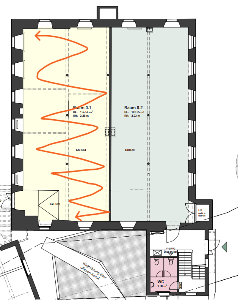 The image shows a floor plan with two rooms labeled Raum 0.1 (Room 0.1) and Raum 0.2 (Room 0.2). The rooms have areas of 15.36 m² and 14.23 m² respectively. There is also a WC (bathroom) with an area of 9.00 m². The floor plan indicates a parking place.