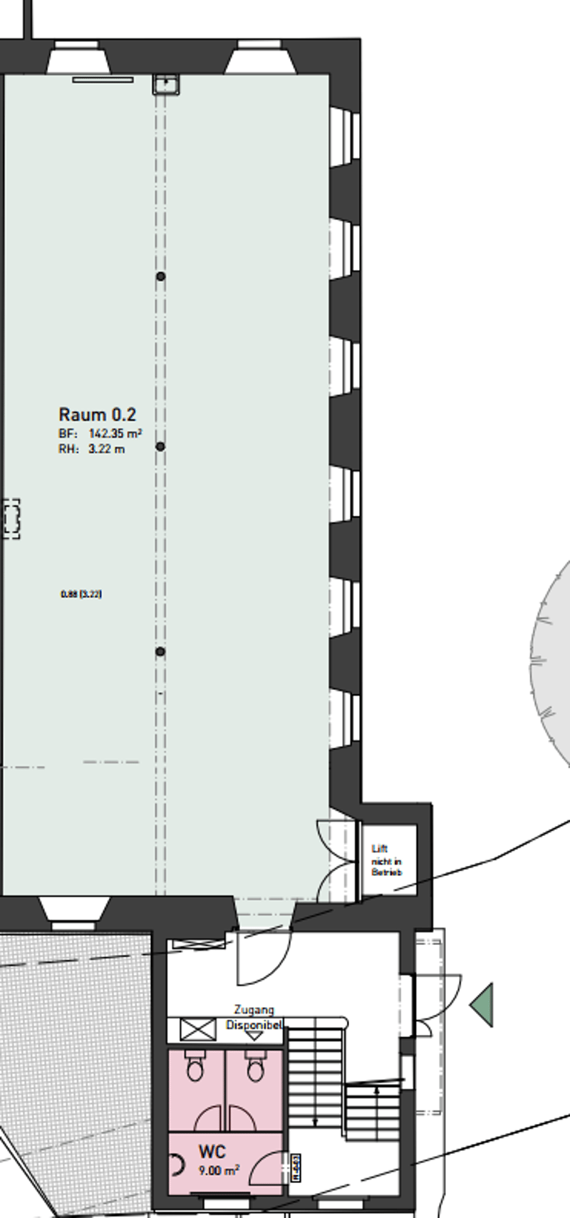 The image shows a floor plan with a single room labeled 'Raum 0.2' (Room 0.2) with an area of 12.35 m^2. The plan also includes a bathroom with a toilet and sink.
