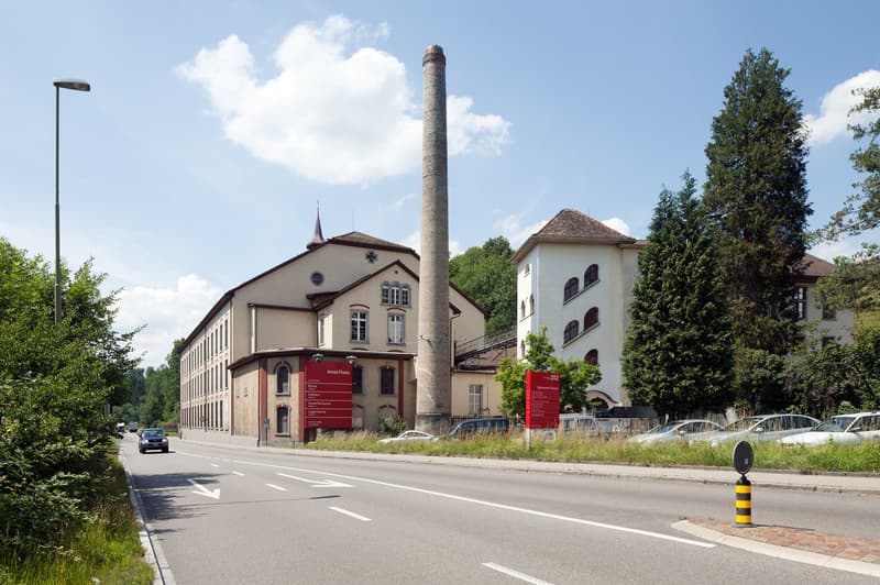 Two buildings with a chimney, several windows, a sign on the front, parked cars, trees, and a street light