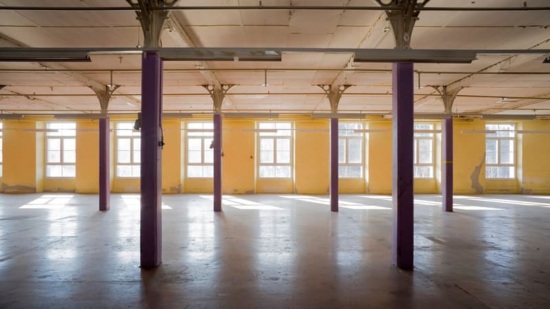 Empty warehouse space with several columns, yellow walls, large windows.