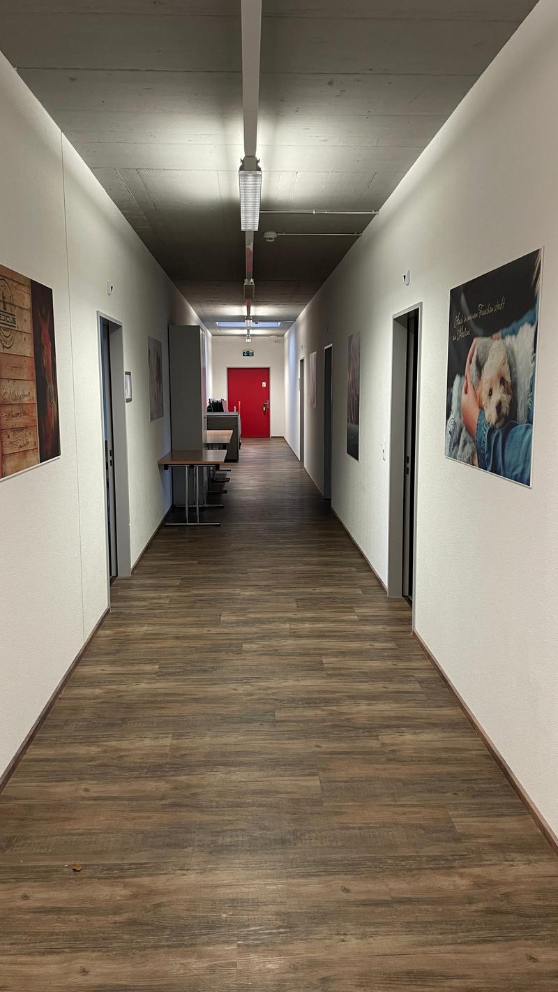 Empty hallway with wooden floor, white walls, red door, tables, and posters