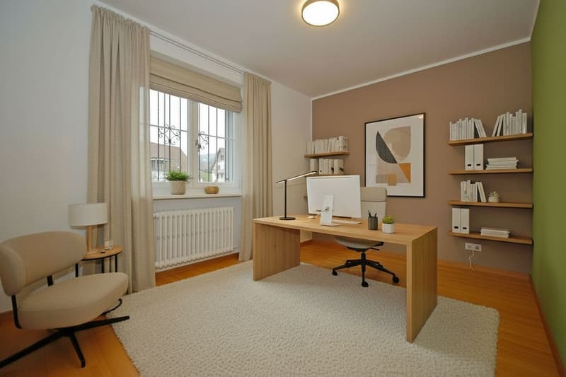 Desk, swivel chair, floor lamp, window, radiator, carpet, office chair, book shelves, picture frame, potted plants