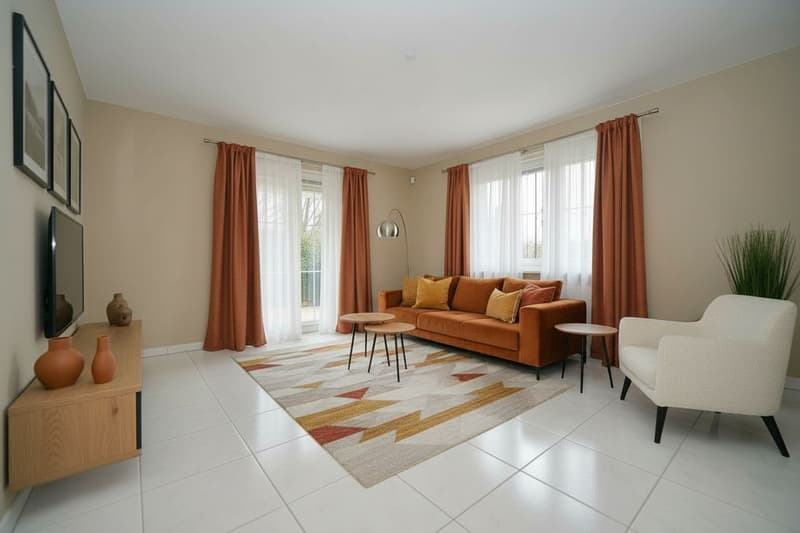 orange sofa, 2 side tables, carpet, floor lamp, television on a stand, modern design