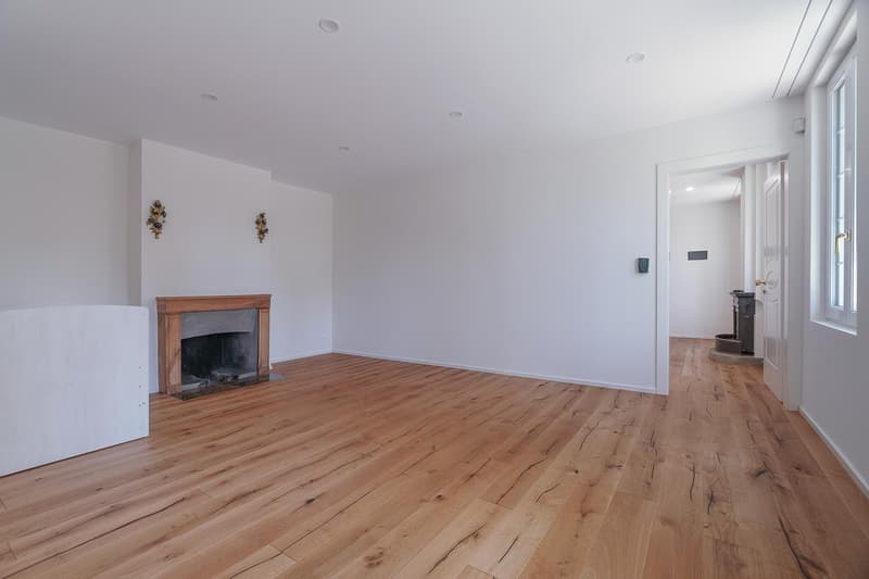 large empty room, hardwood floors, fireplace, white walls