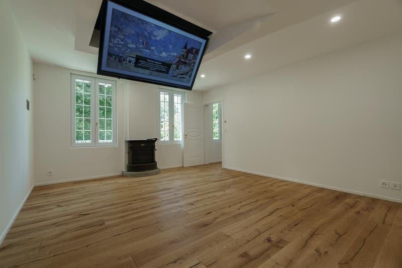 Wooden floor, fireplace, three windows, television