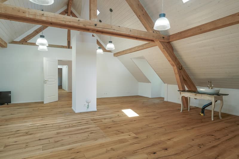 Wooden ceiling, large windows, hardwood floor, white walls, open door, sink and faucet on a wooden table, hanging lamps