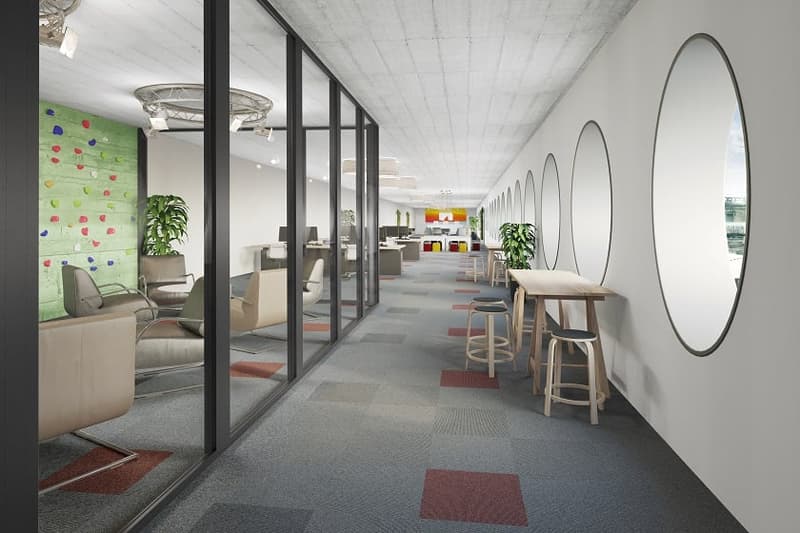 modern design, glass walls, carpeting, tables, chairs, stools, plants, decorative wall