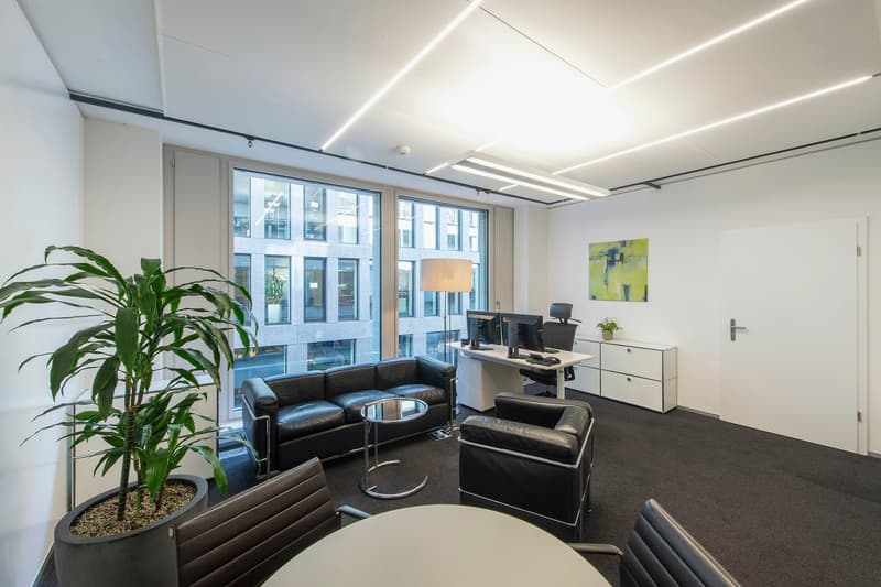 modern office with black leather furniture, white desk, large windows, potted plant, carpeted floor